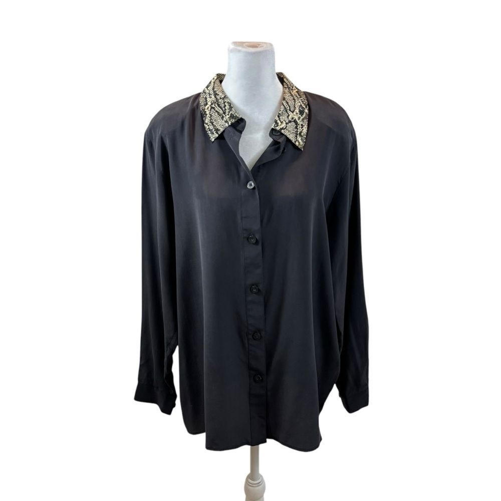 Ladies Vintage Brand New with Tags Lizden Black Silk Blouse Changeable Collar L
